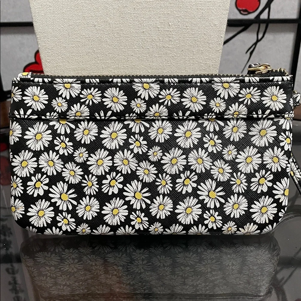 Nanette Lepore Black Daisy Print Wristlet Clutch with Yellow Centers